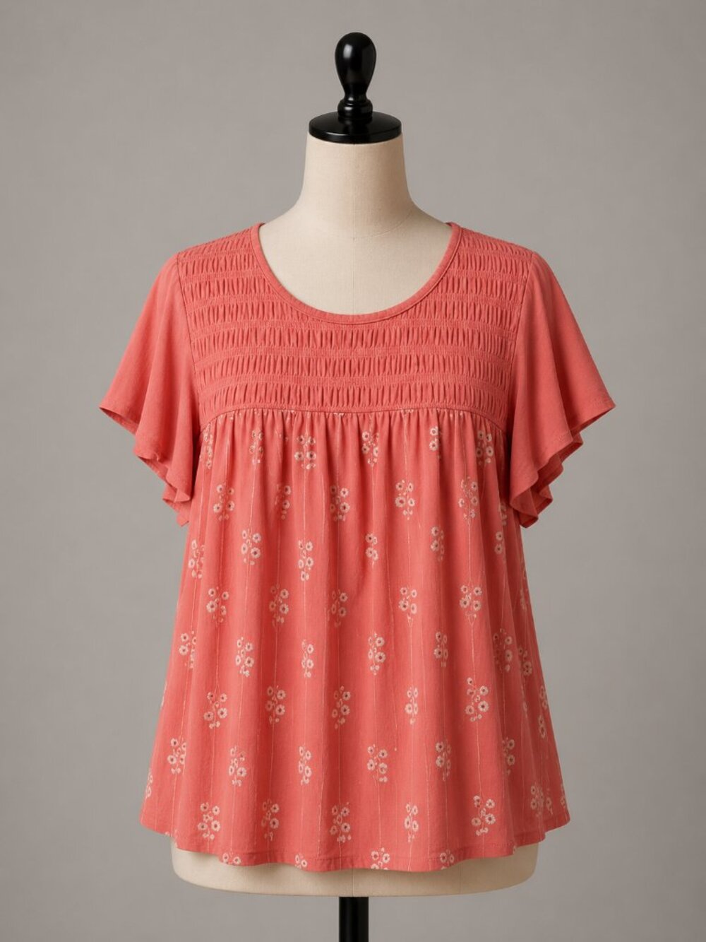 Beachside Coral Short Sleeve Knit To Woven Top - Junior's Size Large